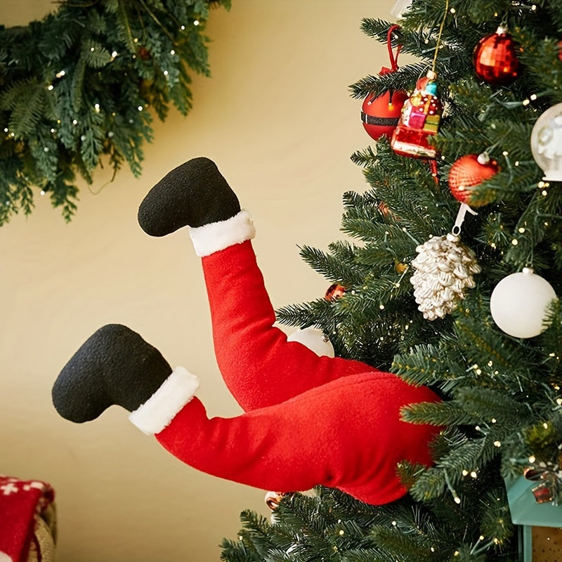 Eclectic Santa Claus Legs Christmas Tree Topper, Festive Polyester Santa Elf Decoration, No Power Santa-themed Holiday Ornament