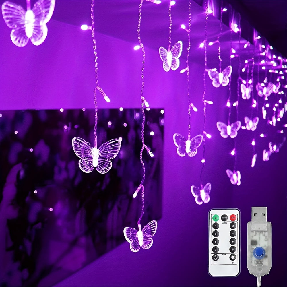1pcs LED Christmas Light, LED Decorative Fairy String Light, 21.3ft/6.5m Butterfly Curtain Light, 8 Modes Twinkle String Light, Remote+ USB Powered Window Fairy Light, Holiday Wedding Party Bedroom Patio Decorative Light