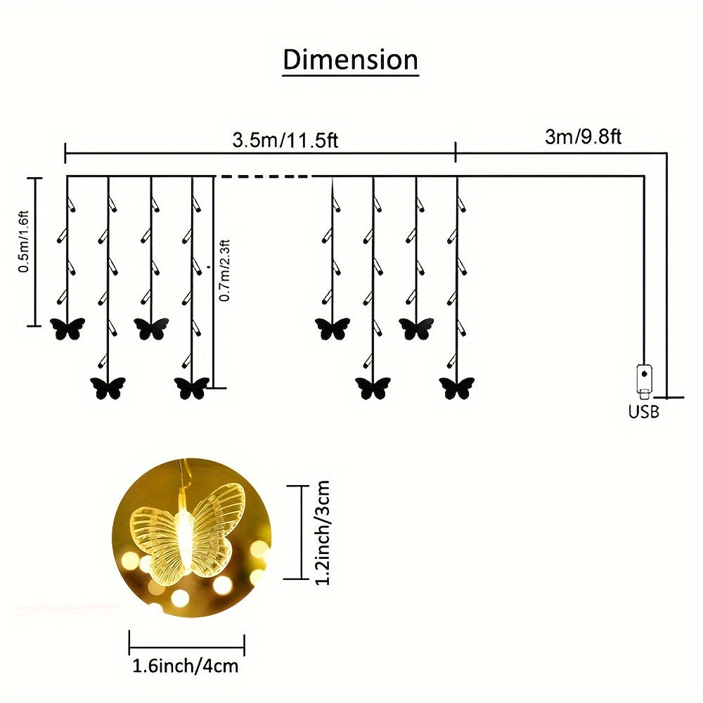 1pcs LED Christmas Light, LED Decorative Fairy String Light, 21.3ft/6.5m Butterfly Curtain Light, 8 Modes Twinkle String Light, Remote+ USB Powered Window Fairy Light, Holiday Wedding Party Bedroom Patio Decorative Light