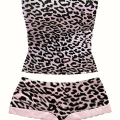 Women's Strapless Top, Women's Lace-Trimmed Strapless Top, Women's Casual Pants Set, Cute Women's Pants Set, Fashionable Women's Outfit, Leopard Print Women's Ensemble.