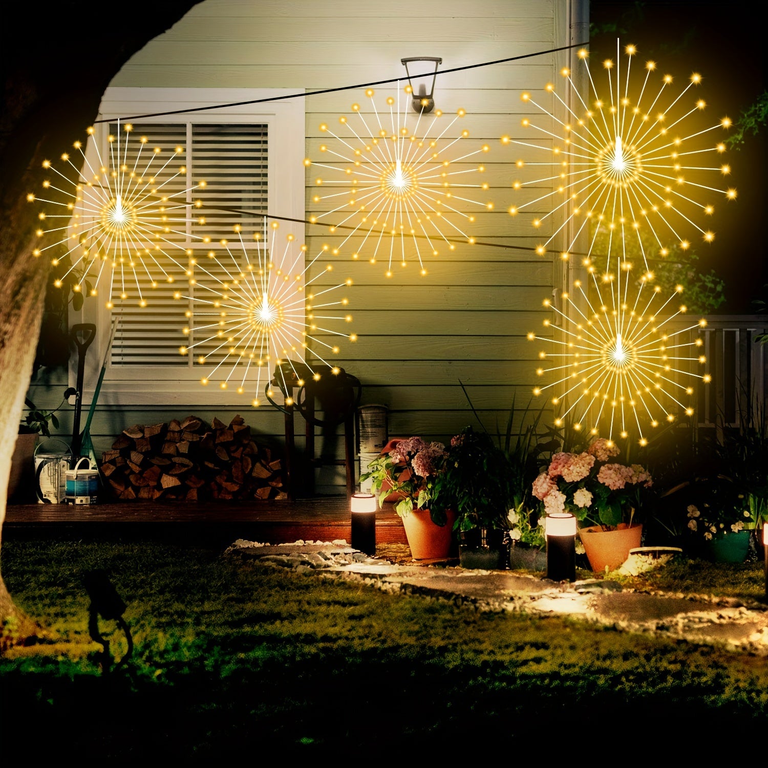 5 Pack 450LEDs Solar Starburst Sphere Lights, Firework Lights Remote Control Timer 8 Modes Dimmable IP65 Waterproof Hanging Fairy Light, Copper Wire Sparkly Lights For Patio Party Tent Christmas
