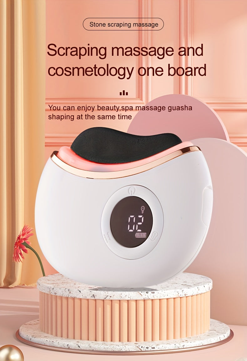 Rechargeable Stone Scraping Face & Body Massager - Firming, Lifting Skin Tool with Bi-Stone, Vibration, Heating & Red Light Relax, USB Charging, White & Pink Design