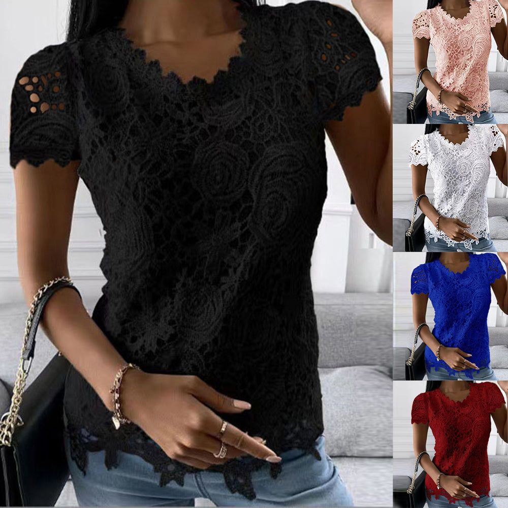 Femmes dentelle col rond hauts T-Shirts dames été décontracté à manches courtes Blouse pull mode vêtements pour