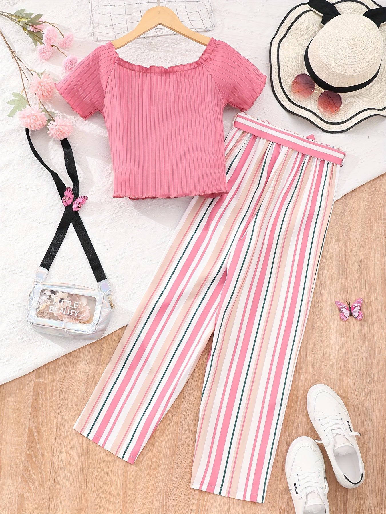 Buy 1 Get 1 Free, total of 2 PCS Adorable Girls' Puff Short Sleeve T-Shirt Top + Striped Pants Set - Soft, Breathable, and Comfortable - Perfect for Spring, Fall, and Christmas Gift Ideas