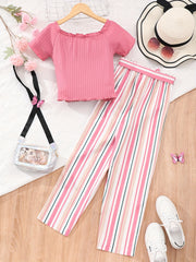 Buy 1 Get 1 Free, total of 2 PCS Adorable Girls' Puff Short Sleeve T-Shirt Top + Striped Pants Set - Soft, Breathable, and Comfortable - Perfect for Spring, Fall, and Christmas Gift Ideas