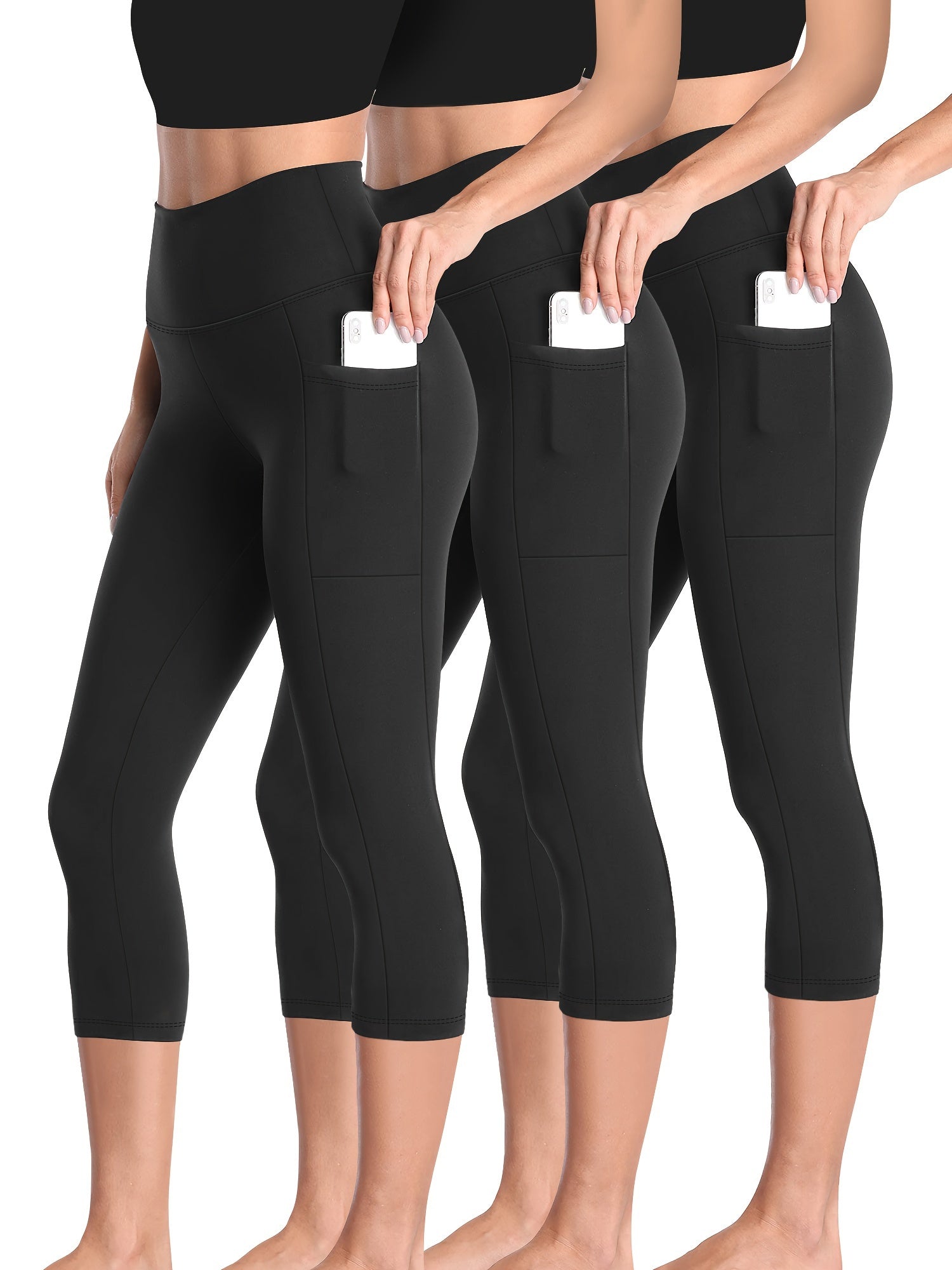 3pcs Set, Standard Size High Waist 7-point Women's Pants with Practical Side Pockets, High Elastic Body Shaping Leggings, Super Soft Tummy-controlling, Non-see-through Shorts.
