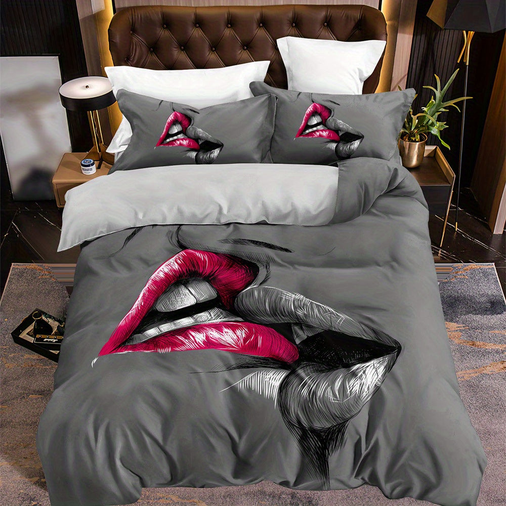 3-Piece Romantic Couple Bedding Set - Vibrant Kiss Sketch Crimson Lips Design, Soft Brushed Microfiber Fabric, Hypoallergenic, Breathable, Easy Care - 1 Duvet Cover + 2 Pillowcases, No Pillow Core Included
