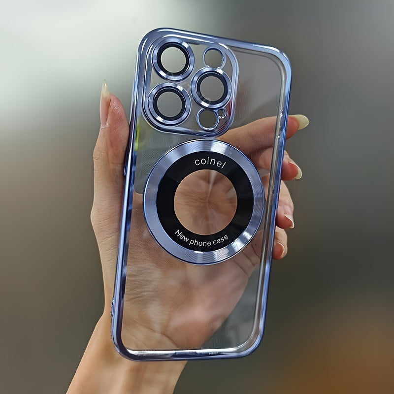 [Luxury Phone Case] Wireless Luxury Phone Case | Transparent Magnetic Electroplated Hollow Logo TPU Shockproof with Lens Film for Iphone 11/12/13/14/15/16 Pro Max Plus Soft Cover