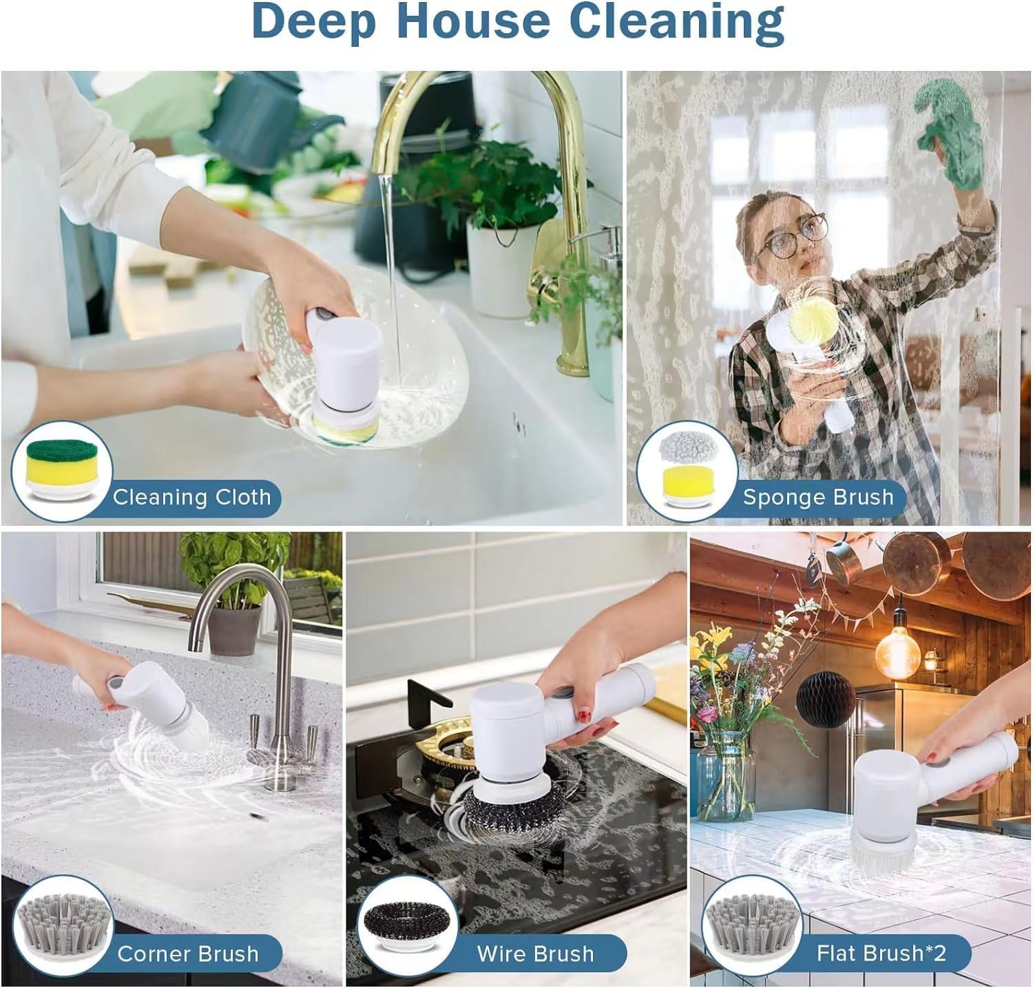 Épurateur électrique à rotation pour le nettoyage de la salle de bain et de la cuisine! Avec 5 têtes de brosse de nettoyage électriques idéales pour baignoire, évier de fenêtre de carrelage