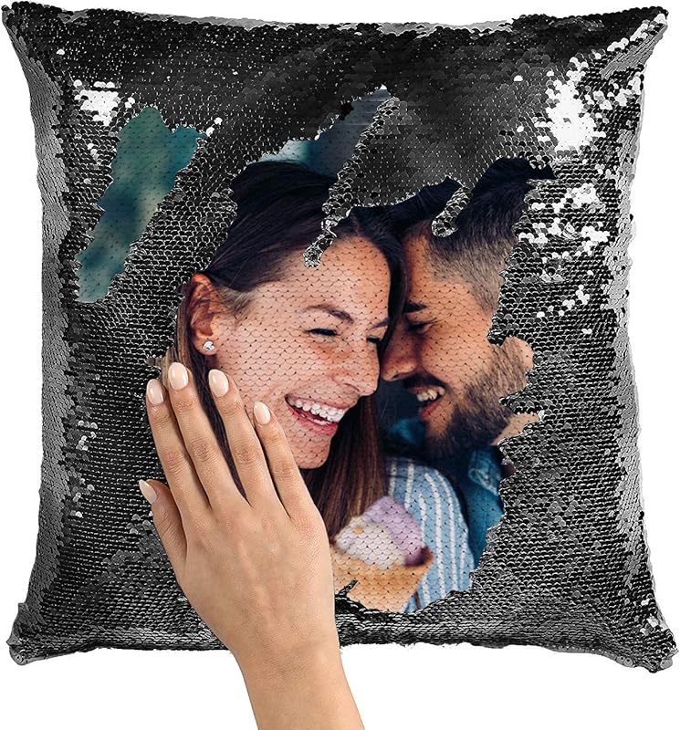 1pc Romantic Couple Photo Pillow Cover - Magical Reversible Home Decor Gift, 18.0inch x 18.0inch Anniversary Decoration Pillowcase, Peach Fleece Material with Simulated Sequin Design (No Sequins, Glitter Effect is Design)