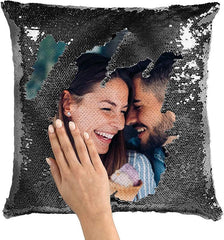 1pc Romantic Couple Photo Pillow Cover - Magical Reversible Home Decor Gift, 18.0inch x 18.0inch Anniversary Decoration Pillowcase, Peach Fleece Material with Simulated Sequin Design (No Sequins, Glitter Effect is Design)