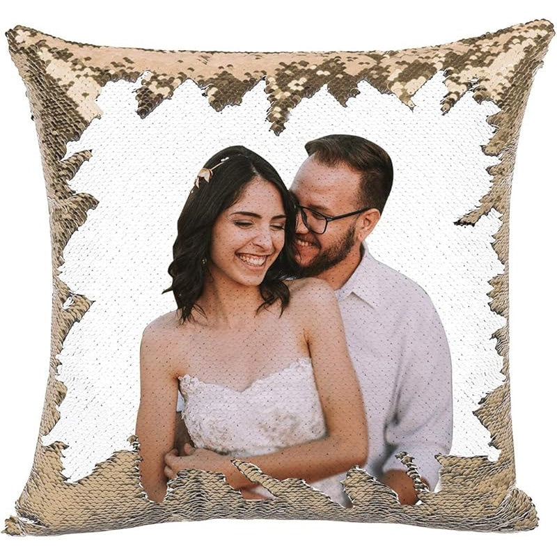 1pc Romantic Couple Photo Pillow Cover - Magical Reversible Home Decor Gift, 18.0inch x 18.0inch Anniversary Decoration Pillowcase, Peach Fleece Material with Simulated Sequin Design (No Sequins, Glitter Effect is Design)
