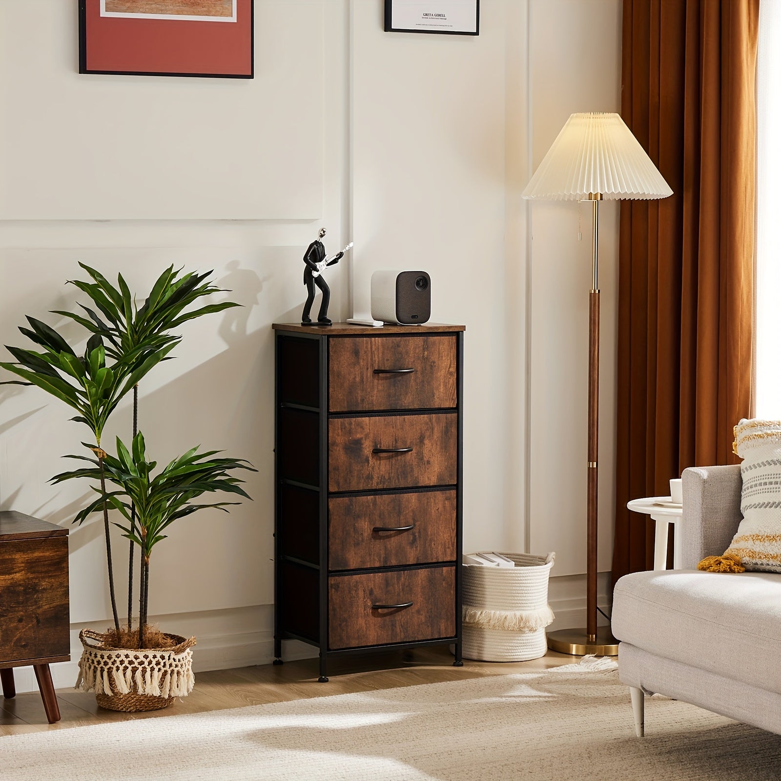 ANTONIA Classic 4-Drawer Dresser with Metal Frame & Wood Top - High-Density Fiberboard, Black Finish, Easy Assembly, 27" Tall Storage Cabinet for Bedroom, Living Room, Entryway - Includes Decorative Lamp & Plant, Bedroom Furn
