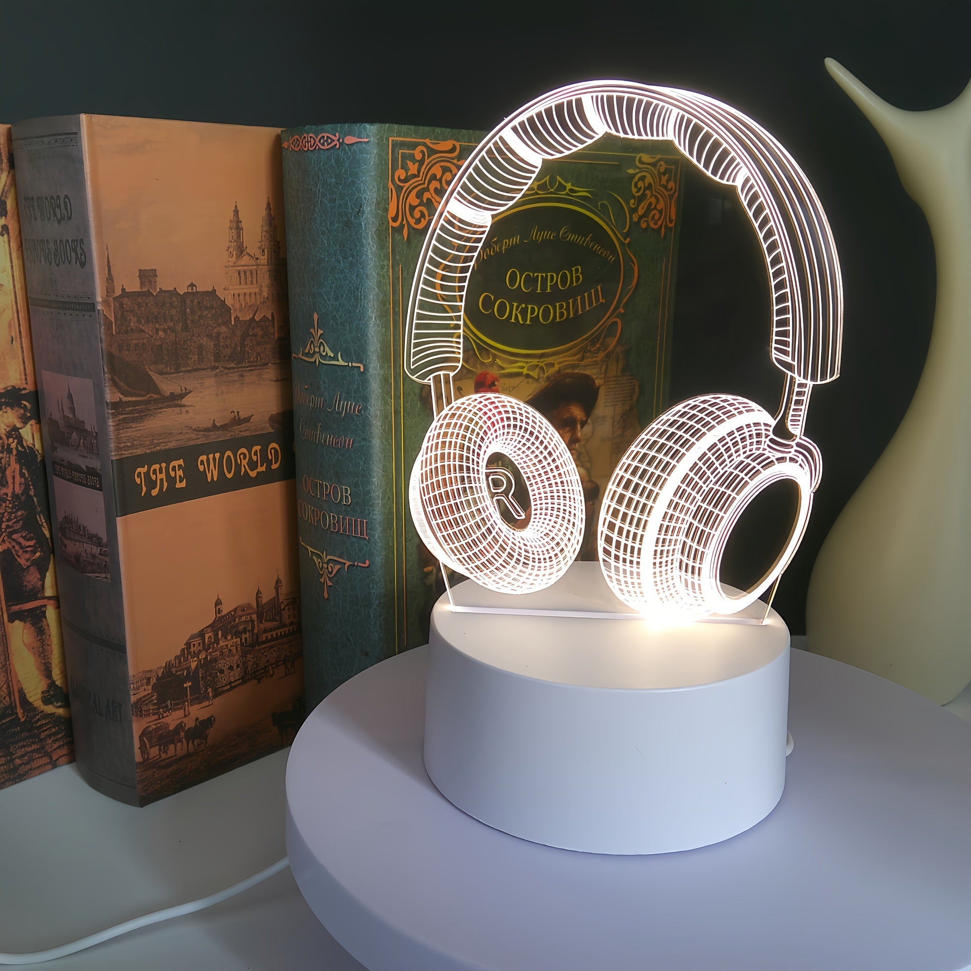 1pc 3D Headphones Night Light with Monochrome Warm White LED, USB Plug-in Ambient Bedroom Decor, Creative Gift for Family &amp; Tech Lovers, No Batteries Needed, Bedroom Accessory, Decorative Lamp, Decorative Craftsmanship
