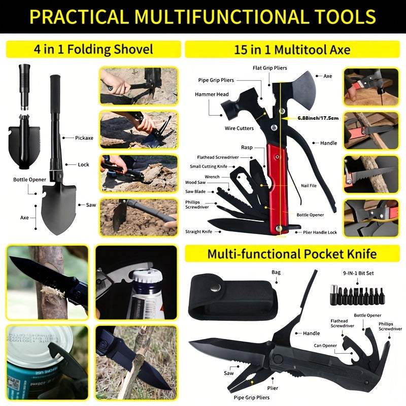 Survival Kit and First Aid kit, 160Pcs Emergency Supplies Camping Accessories With Upgraded Molle Bag, Including Hatchet Shovel Pliers Lantern, Gifts for Men Outdoor Adventure Camping Hiking Hunting