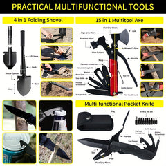 Survival Kit and First Aid kit, 160Pcs Emergency Supplies Camping Accessories With Upgraded Molle Bag, Including Hatchet Shovel Pliers Lantern, Gifts for Men Outdoor Adventure Camping Hiking Hunting