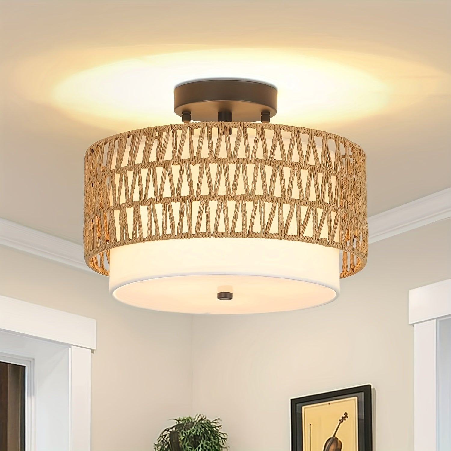 Boho Pendant Light - Semi-Flush Mount Farmhouse Lighting Fixture, for Living Room, Kitchen, Dining Table - Compatible with US Voltage (110-240V) - Bulb Not Included, Boho Lamps for Living Room, Kitchen Fixture, Rustic Charm,