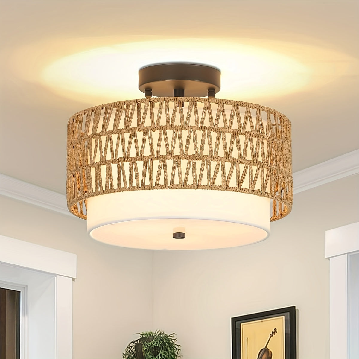 Boho Pendant Light - Semi-Flush Mount Farmhouse Lighting Fixture, for Living Room, Kitchen, Dining Table - Compatible with US Voltage (110-240V) - Bulb Not Included, Boho Lamps for Living Room, Kitchen Fixture, Rustic Charm,