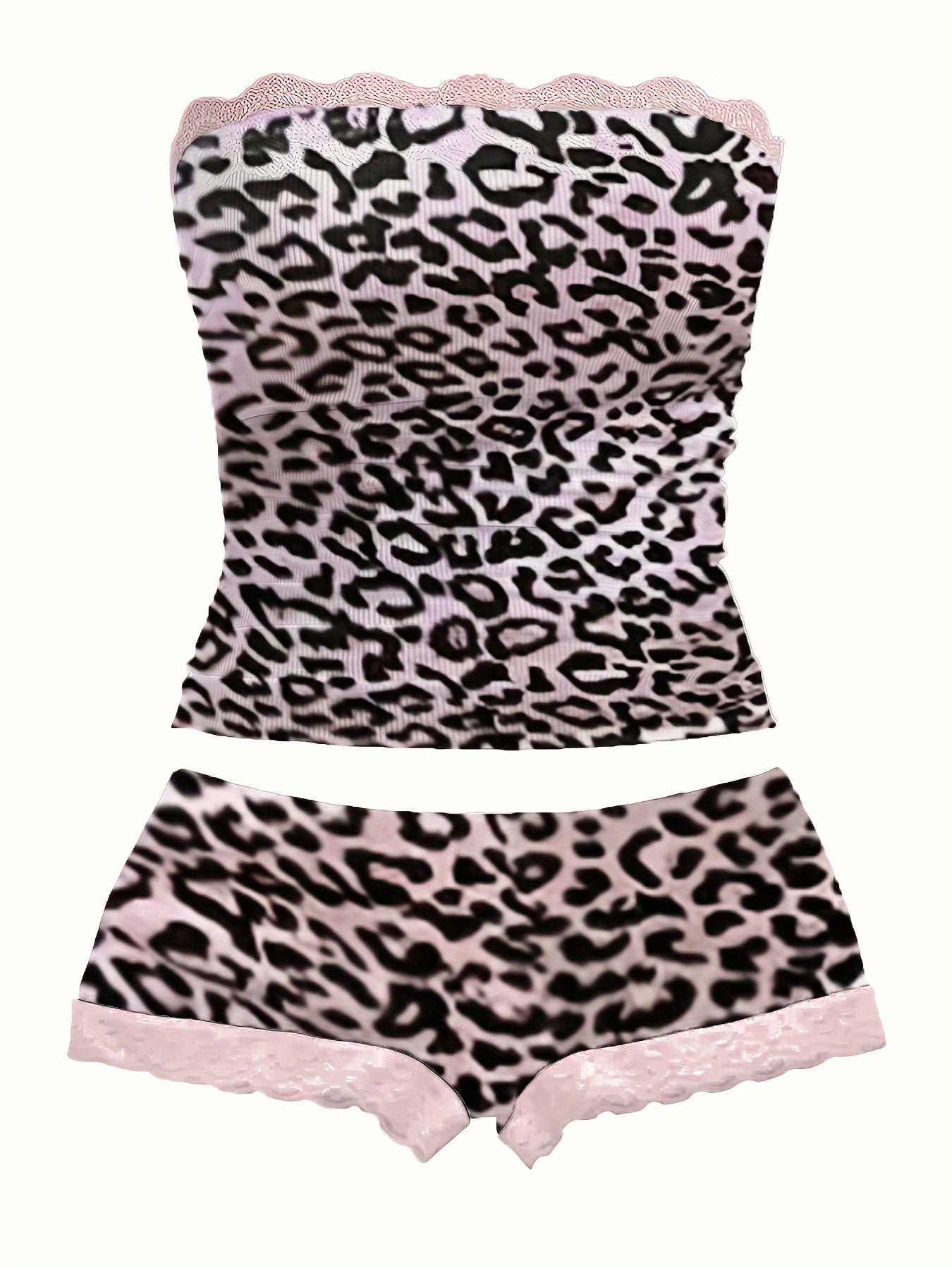 Women's Strapless Top, Women's Lace-Trimmed Strapless Top, Women's Casual Pants Set, Cute Women's Pants Set, Fashionable Women's Outfit, Leopard Print Women's Ensemble.