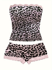 Women's Strapless Top, Women's Lace-Trimmed Strapless Top, Women's Casual Pants Set, Cute Women's Pants Set, Fashionable Women's Outfit, Leopard Print Women's Ensemble.