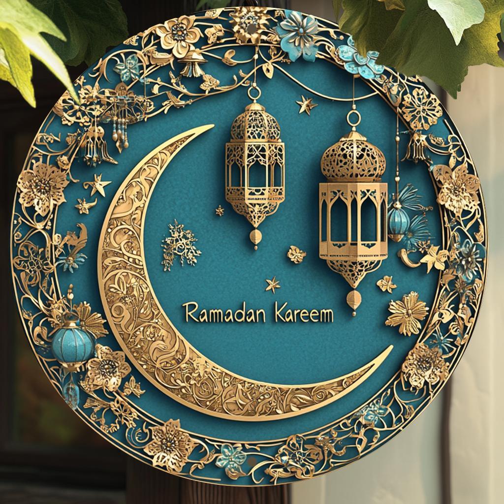 1pc Ramadan Kareem Aluminum Wall Art - 8x8 Inch 2D Flat Printed Moon and Lantern Decor, No Power Needed, Ideal for Home, Office, and Party Decoration, Versatile for Christmas, Thanksgiving, St. Patrick's, Valentine'S Day