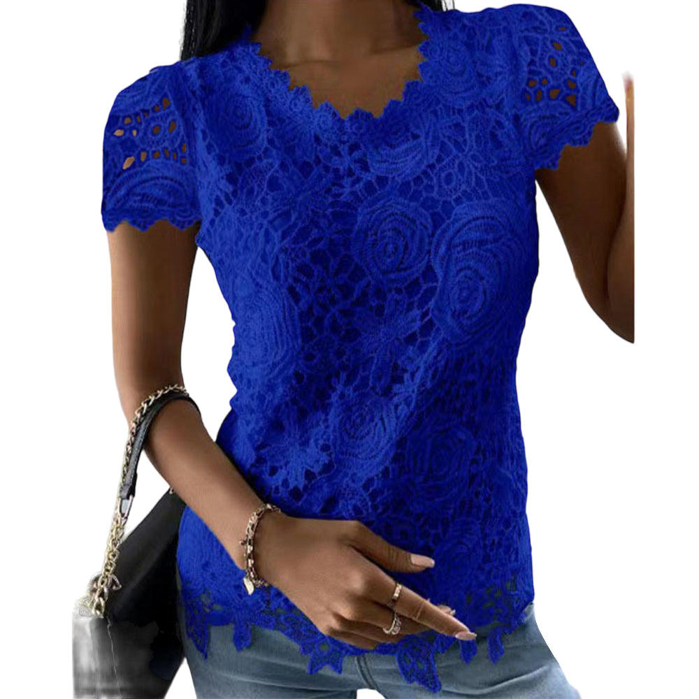 Femmes dentelle col rond hauts T-Shirts dames été décontracté à manches courtes Blouse pull mode vêtements pour
