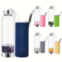 15oz Enchanting Crystal Glass Water Bottle with Natural Stone Infusion - Sustainable, Relaxing Gift for Women with Protective Cover and Detachable Gemstone