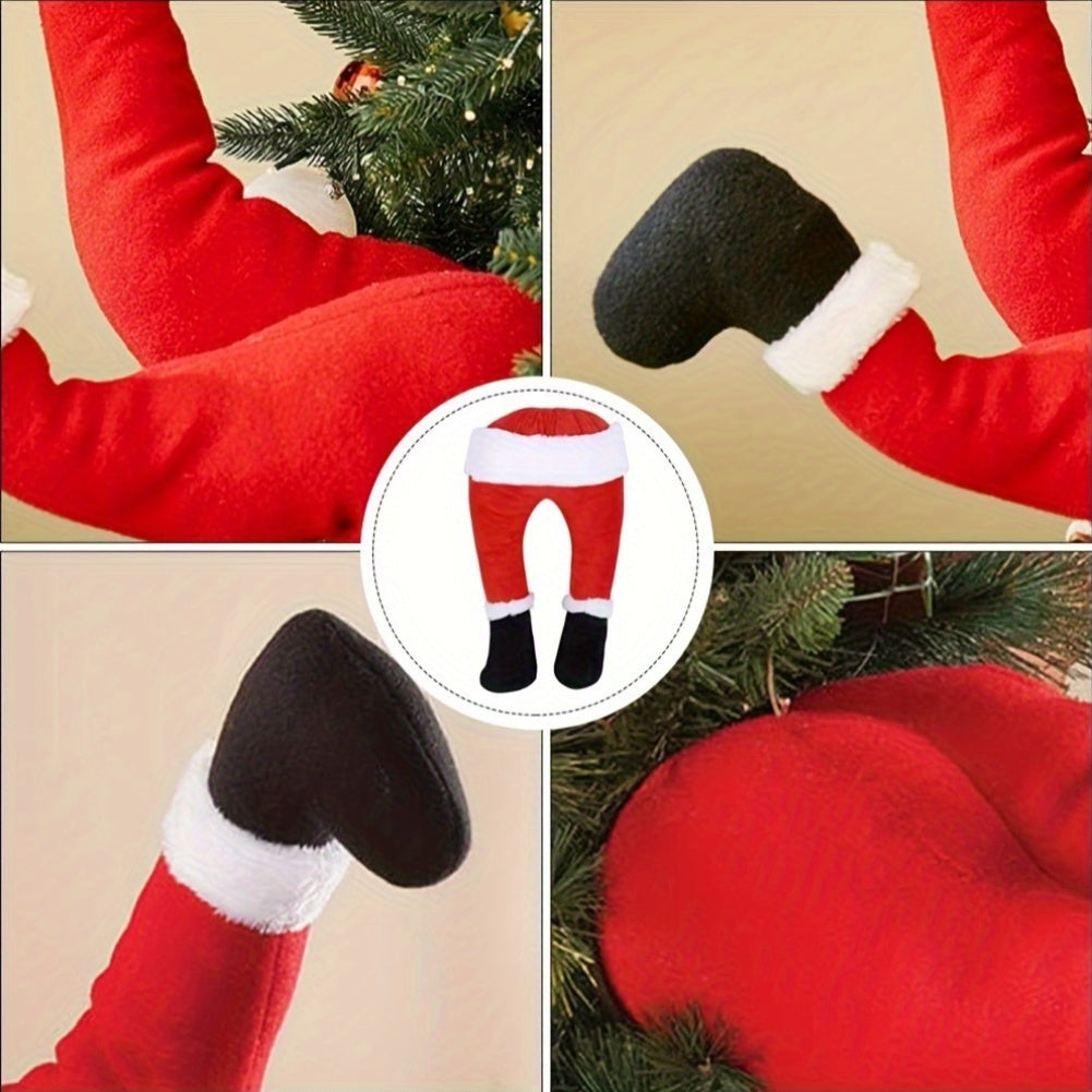 Eclectic Santa Claus Legs Christmas Tree Topper, Festive Polyester Santa Elf Decoration, No Power Santa-themed Holiday Ornament