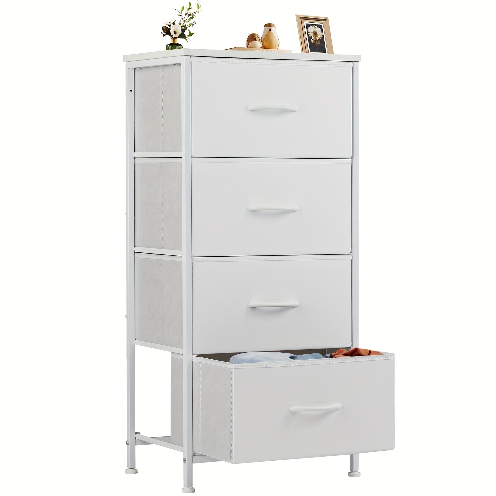ANTONIA Classic 4-Drawer Dresser with Metal Frame & Wood Top - High-Density Fiberboard, Black Finish, Easy Assembly, 27" Tall Storage Cabinet for Bedroom, Living Room, Entryway - Includes Decorative Lamp & Plant, Bedroom Furn