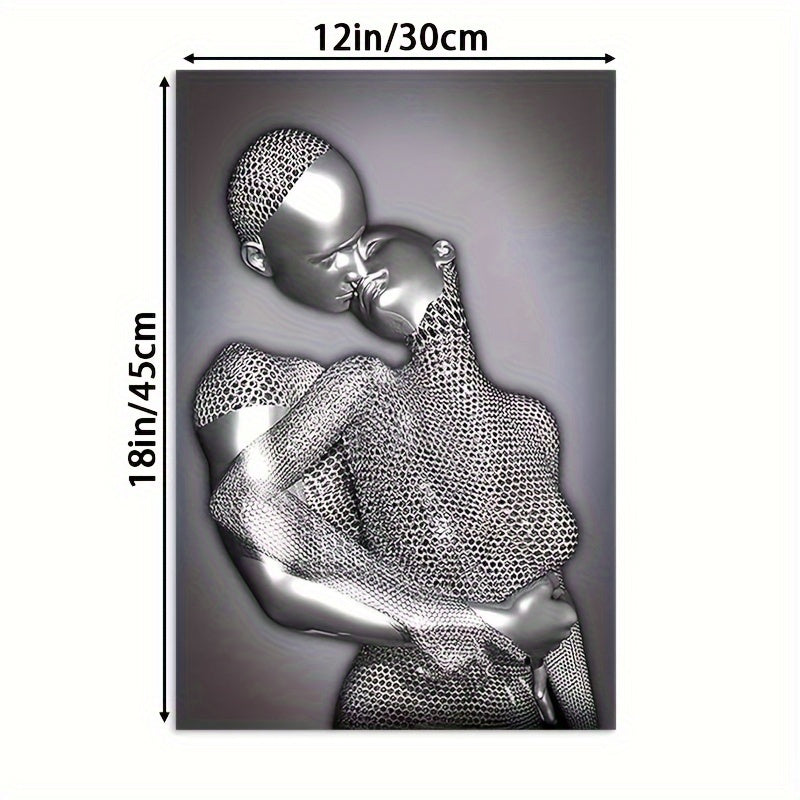Romantic Couple Embrace Abstract Metal Sculpture Wall Art - Frameless Grey & Black Canvas Print For Bedroom, Living Room, Bathroom Decor - Perfect Valentine'S Day Gift, 12X18 Inches