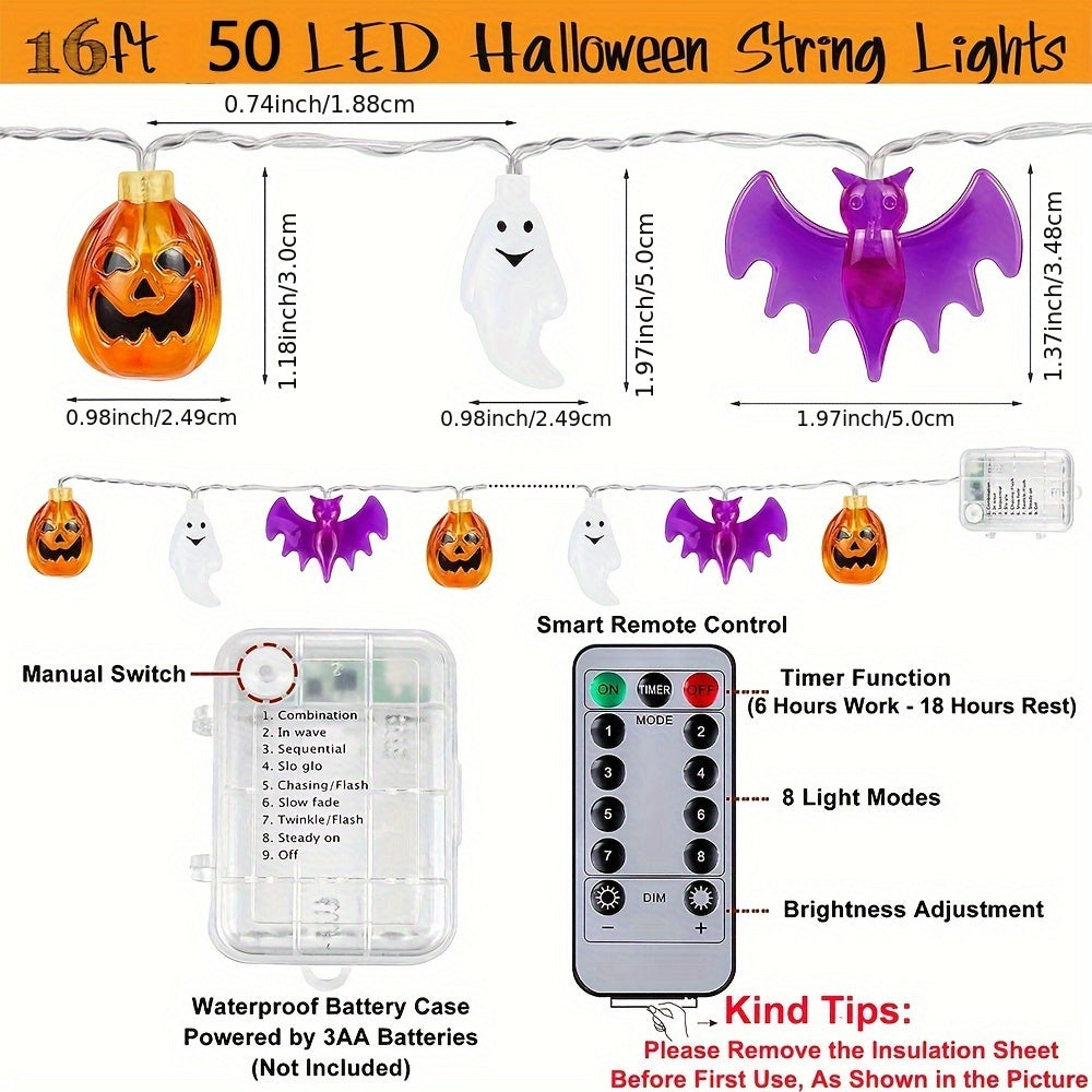 20/50 LED 3D Pumpkin Bat Ghost Waterproof String Lights - 9.8FT/16.4FT Battery Operated With Timer, 8 Lighting Modes, Cute Fairy Light For Window Indoor Outdoor Decor Halloween Party Decorations