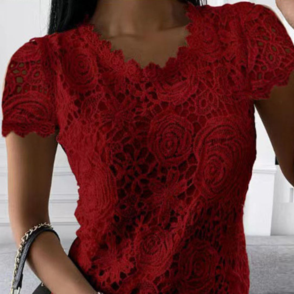 Femmes dentelle col rond hauts T-Shirts dames été décontracté à manches courtes Blouse pull mode vêtements pour