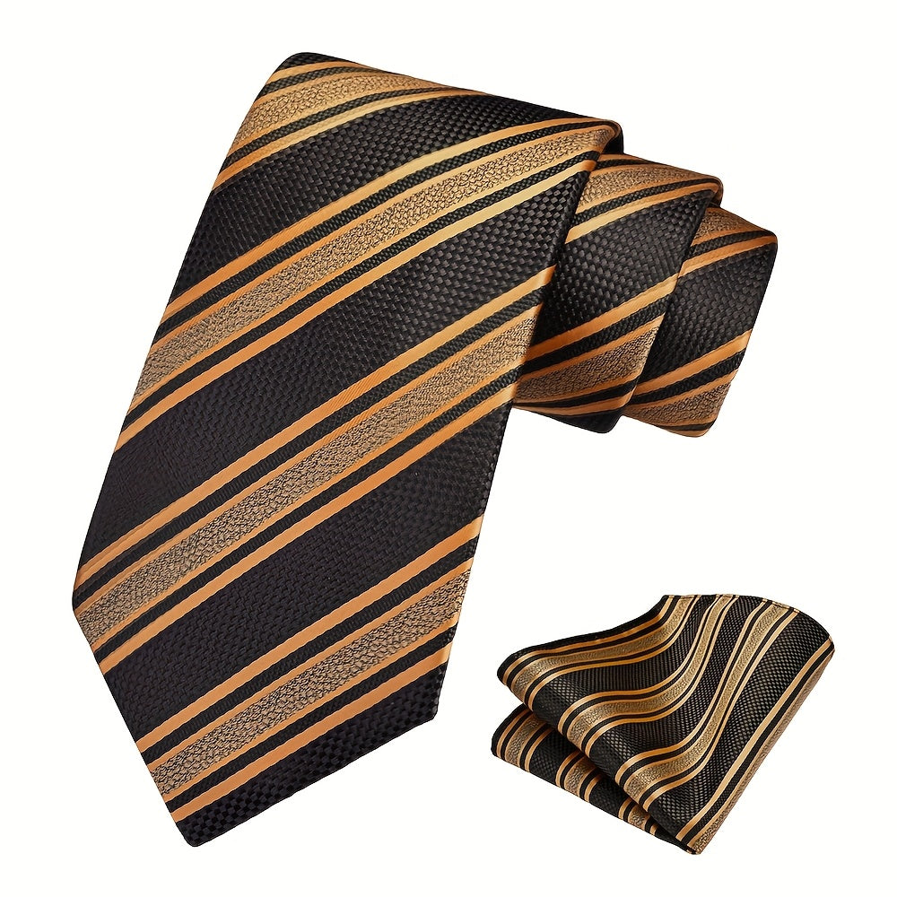 Ricnais Set of 2 Men's 8cm Striped Tie and Square Scarf High Quality Classic Fashion Wedding Party Business Tie Set Men's Wedding Accessories Home Gift Christmas Gift Party Gift