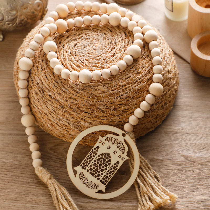 1pc Ramadan Wooden Beads Wall Hanging, Islamic Crescent Moon & Lantern Decor, Eid Al-Fitr Mubarak Muslim Ornament, No Electricity Festive Party Decoration, Ideal Gift for Ramadan Celebrations