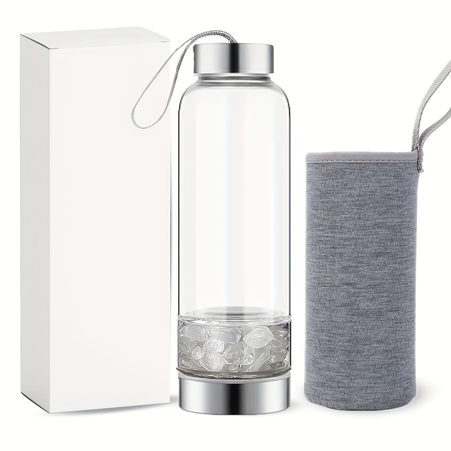 15oz Enchanting Crystal Glass Water Bottle with Natural Stone Infusion - Sustainable, Relaxing Gift for Women with Protective Cover and Detachable Gemstone