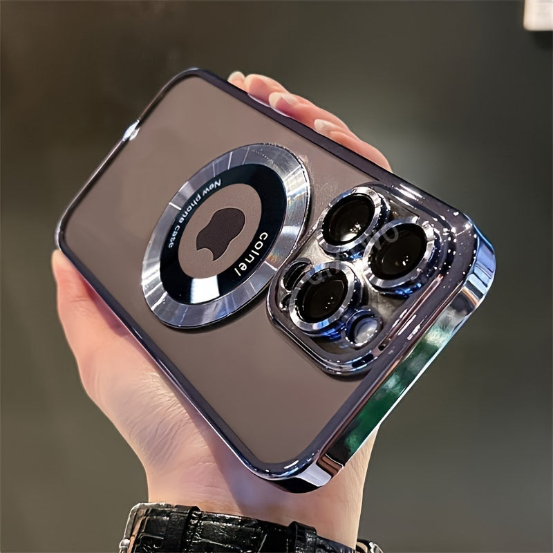[Luxury Phone Case] Wireless Luxury Phone Case | Transparent Magnetic Electroplated Hollow Logo TPU Shockproof with Lens Film for Iphone 11/12/13/14/15/16 Pro Max Plus Soft Cover
