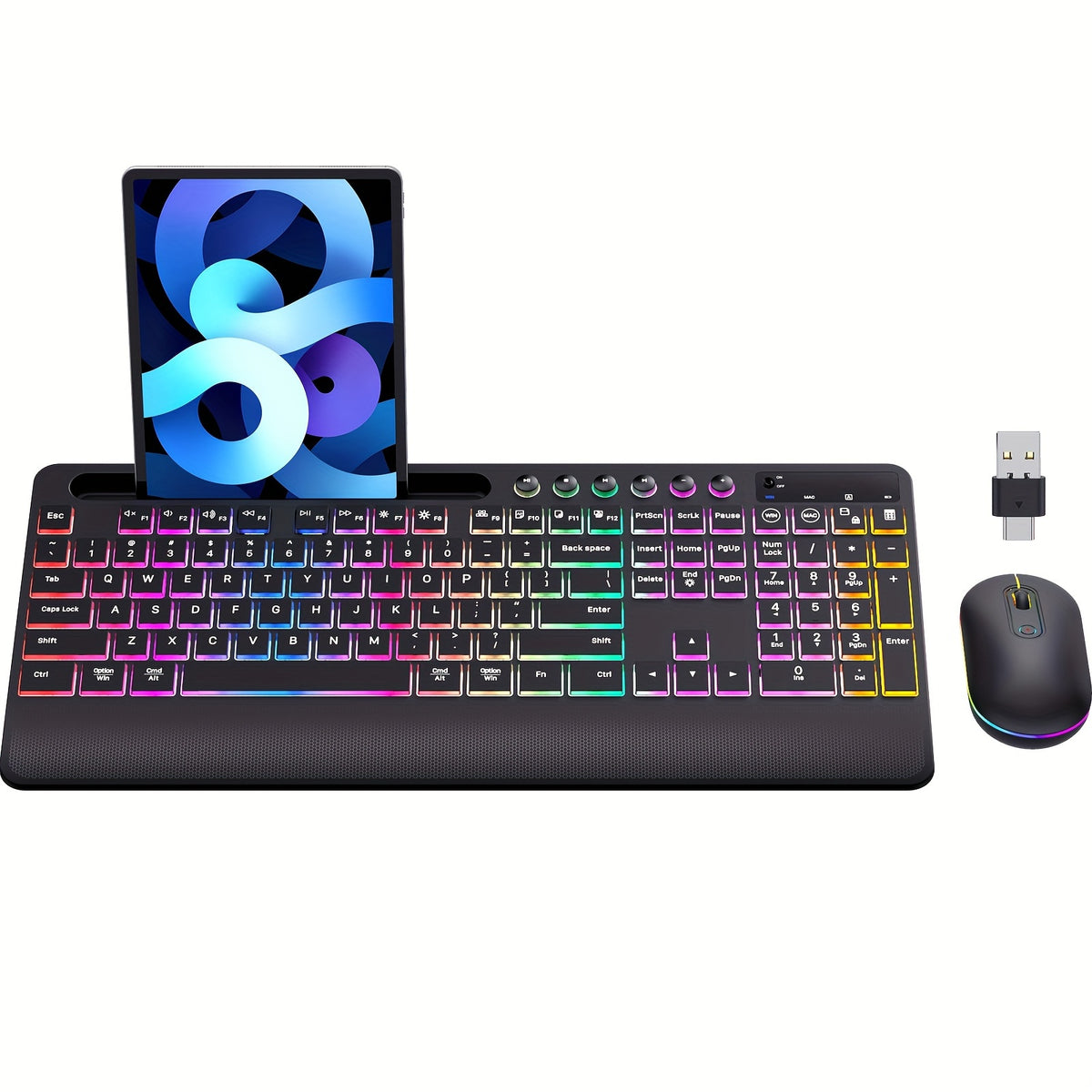 Wireless Keyboard And Mouse Backlit, 2.4GHz Lag-Free Rechargeable Keyboard Full-Size With Phone Holder Tablet Holder, Silent Ergonomic Wireless Keyboard Mouse Combo For Computer, PC, Laptop
