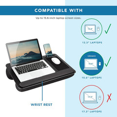 Portable Laptop Desk with Wrist Support - Foldable, Large Bed-Friendly Design, Up to 17" Compatible, Mouse Pad & Tablet Holder, Ergonomic Handle, Cushioned Workstation in Black, Notebook Computer, Cushioned