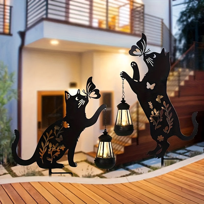 2-Pack Metal Cat Silhouettes with Solar Lights, Outdoor Garden Stakes, Artistic Black Cat Solar Lantern Decor, for Lawn And Patio, Solar-Powered, Nickel Battery, No Removable Parts