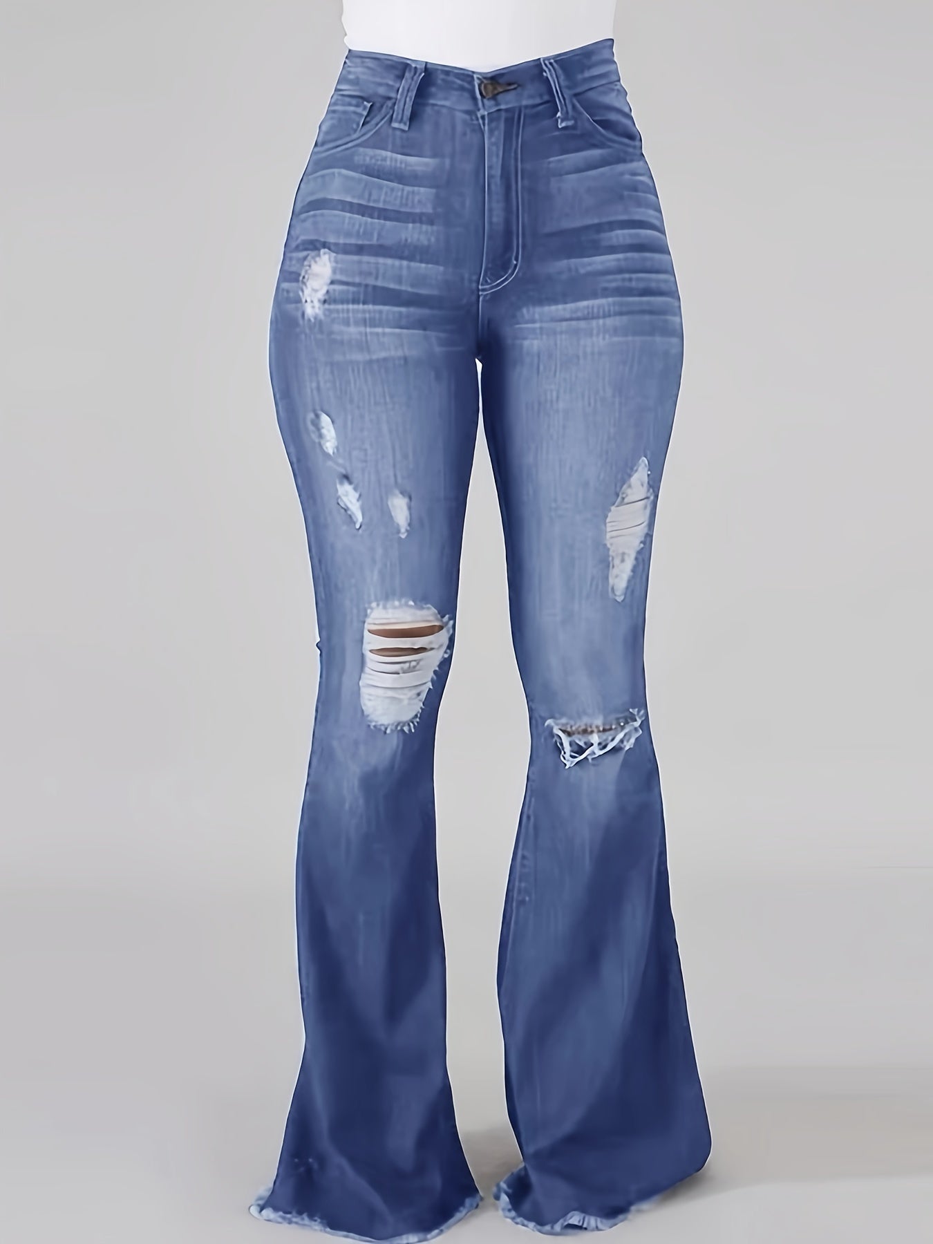 Women's Elastic Waist Flare Hole Rough Side Large Size Jeans High Waist Lift Hip Comfortable Women's Pants