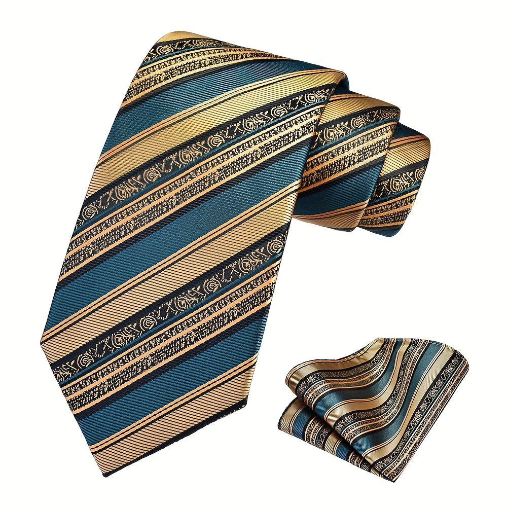 Ricnais Set of 2 Men's 8cm Striped Tie and Square Scarf High Quality Classic Fashion Wedding Party Business Tie Set Men's Wedding Accessories Home Gift Christmas Gift Party Gift