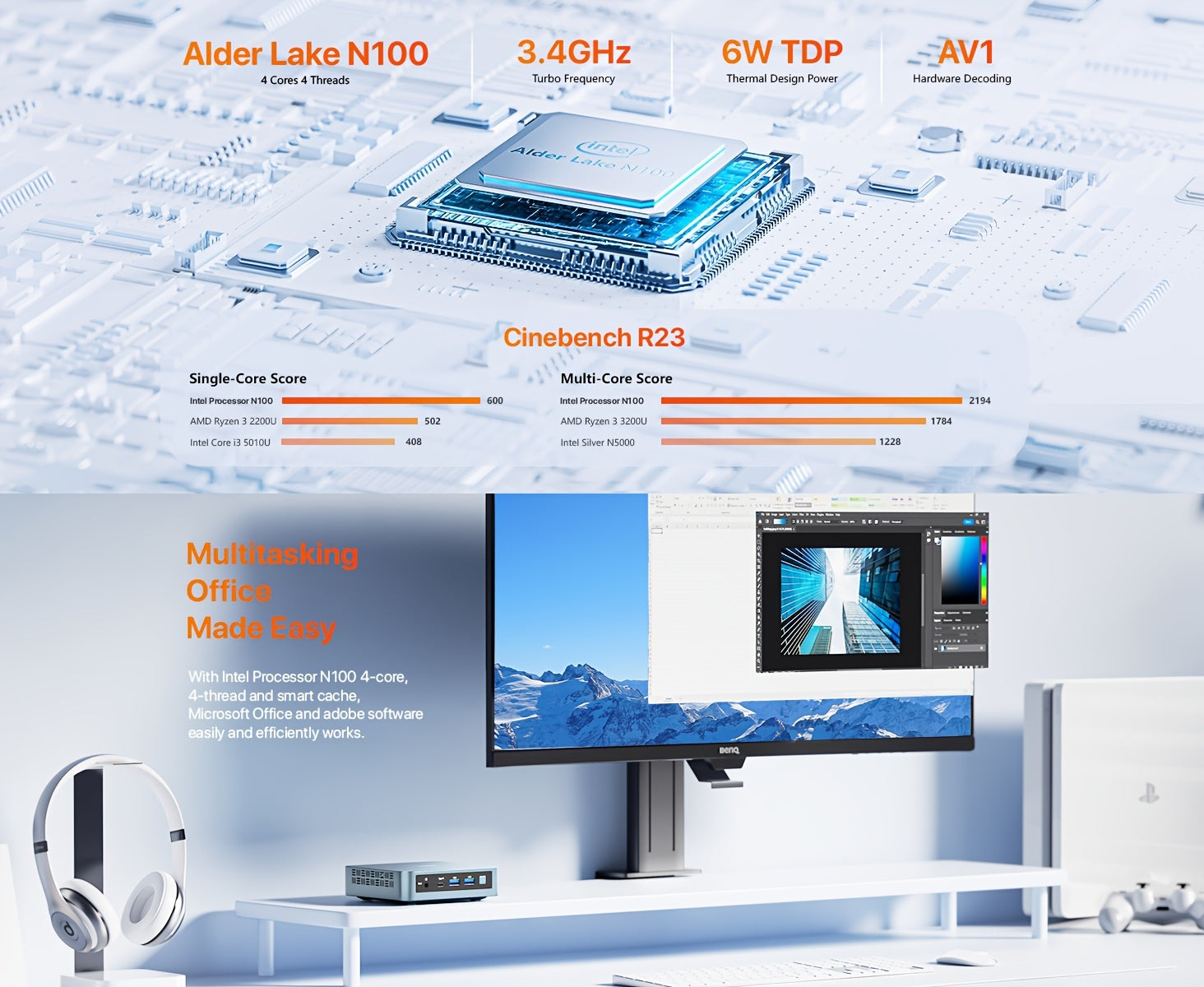 PELADN Mini PC, WI-6 Mini Computer with Intel N150/N100/N95 Processor (Up to 3.4GHz), 16GB DDR4 RAM, 512GB M.2 SSD, 4K@60Hz/WiFi5/BT4.2/Type-C/Dual Display, Desktop Workstation