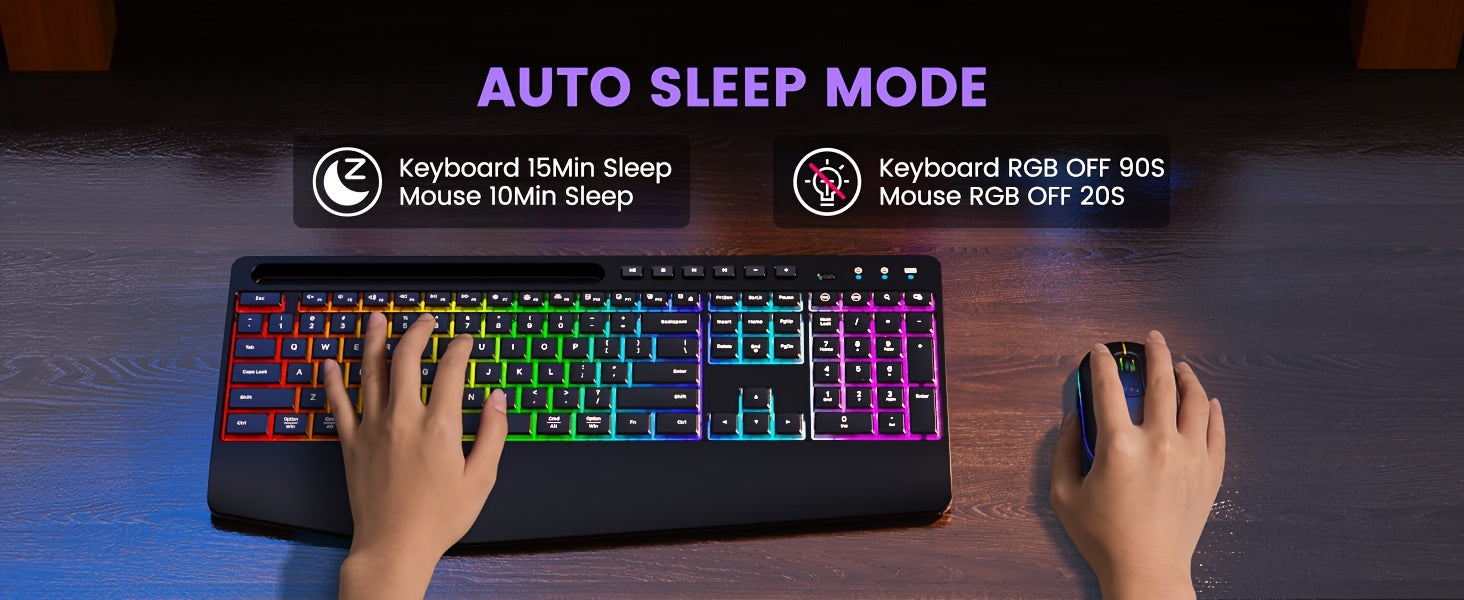 Wireless Keyboard And Mouse RGB Backlit- 2.4G Rechargeable Keyboard Full-Size with Phone/Tablet Holder, Silent Ergonomic Wireless Keyboard Mouse Combo for Computer, PC, Laptop for New Year Gift