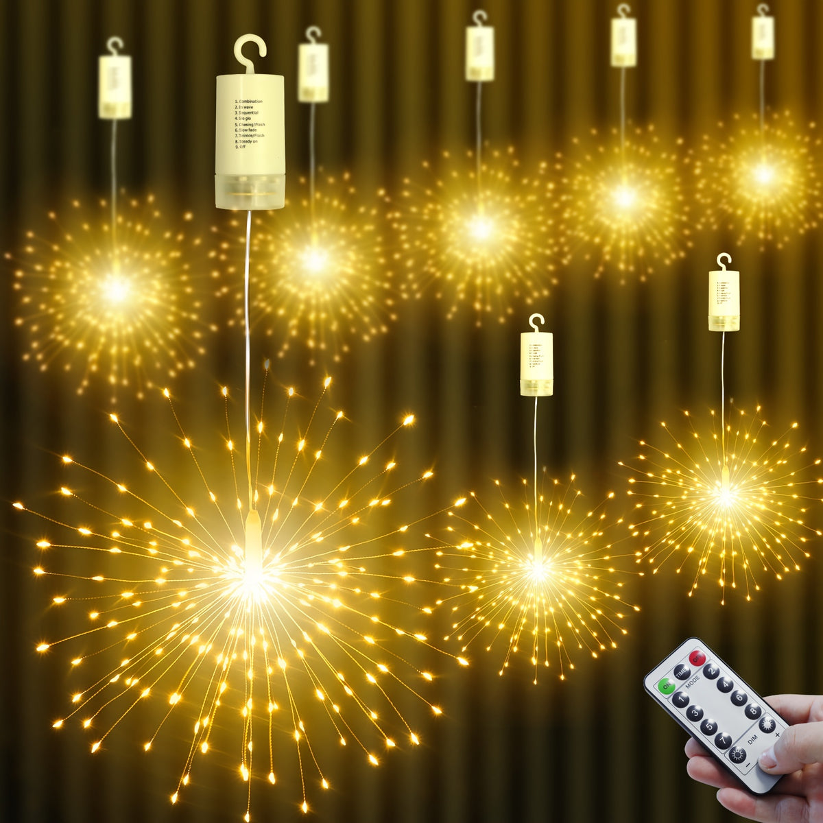 4 Pack Starburst Sphere Lights 800 LED Firework Lights, 8 Modes Dimmable Remote Control Waterproof Hanging Fairy Light, Copper Wire Lights for Patio Parties Christmas
 (Battery Operated)