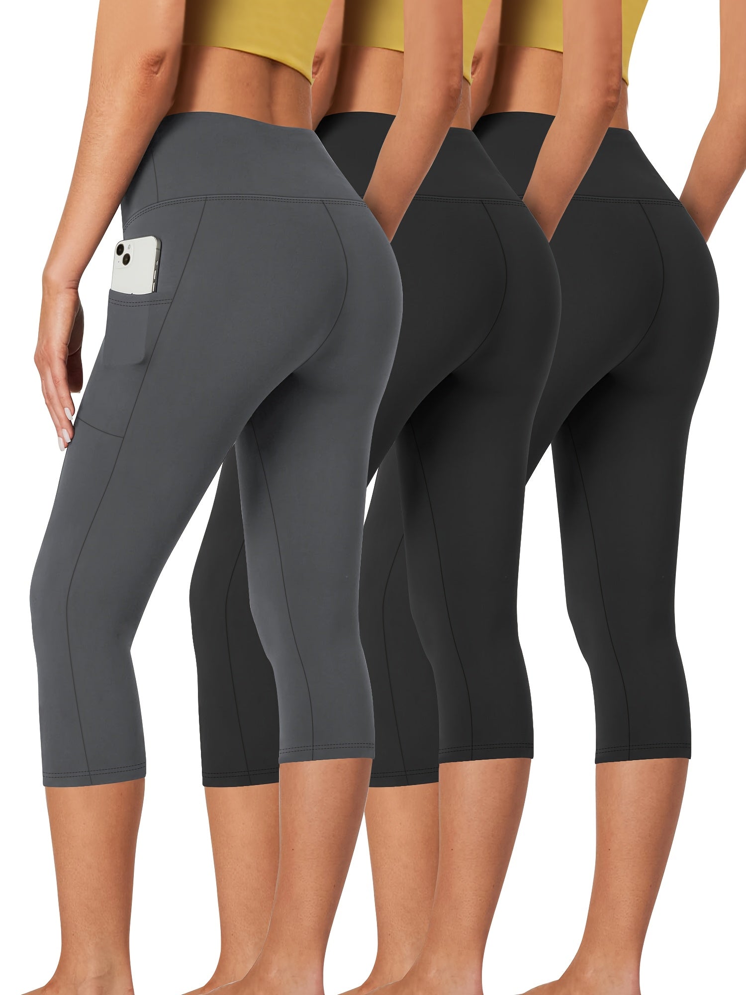3pcs Set, Standard Size High Waist 7-point Women's Pants with Practical Side Pockets, High Elastic Body Shaping Leggings, Super Soft Tummy-controlling, Non-see-through Shorts.