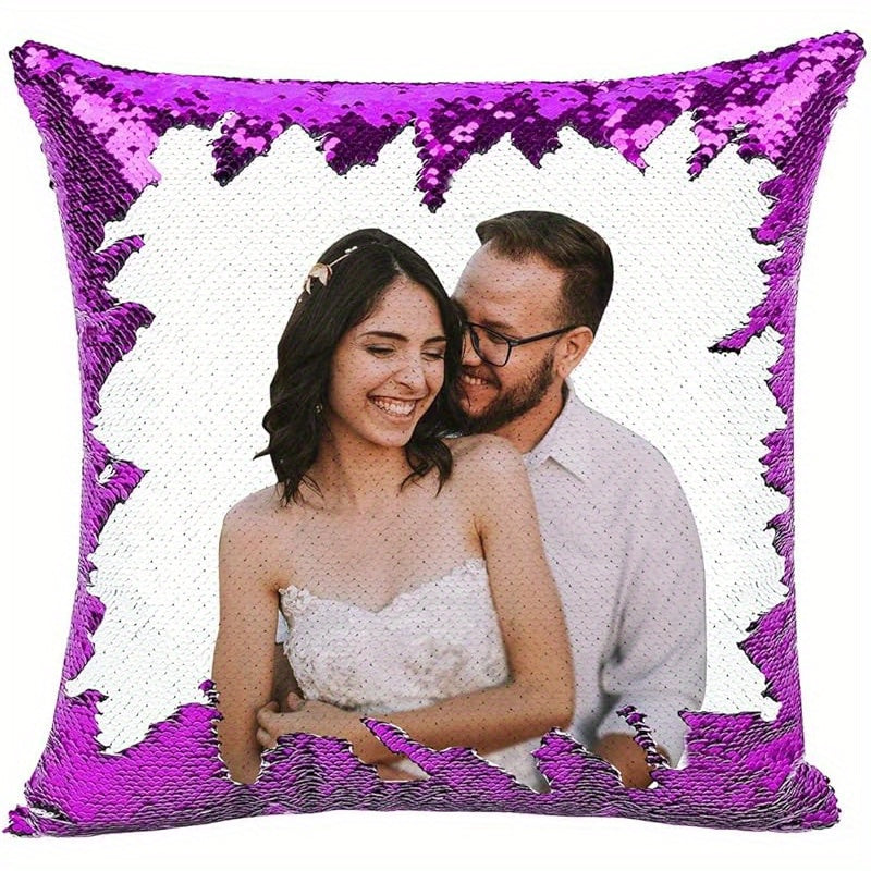 1pc Romantic Couple Photo Pillow Cover - Magical Reversible Home Decor Gift, 18.0inch x 18.0inch Anniversary Decoration Pillowcase, Peach Fleece Material with Simulated Sequin Design (No Sequins, Glitter Effect is Design)