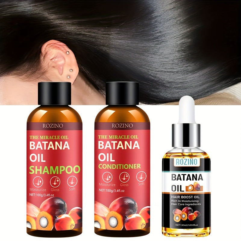 ROZINO Batana Oil Hair Care Set - Normal Hair - Shampoo, Conditioner & Boost Oil - Moisturizing, Revitalizing, Strengthening Trio to Enhance Hair Vitality and Health