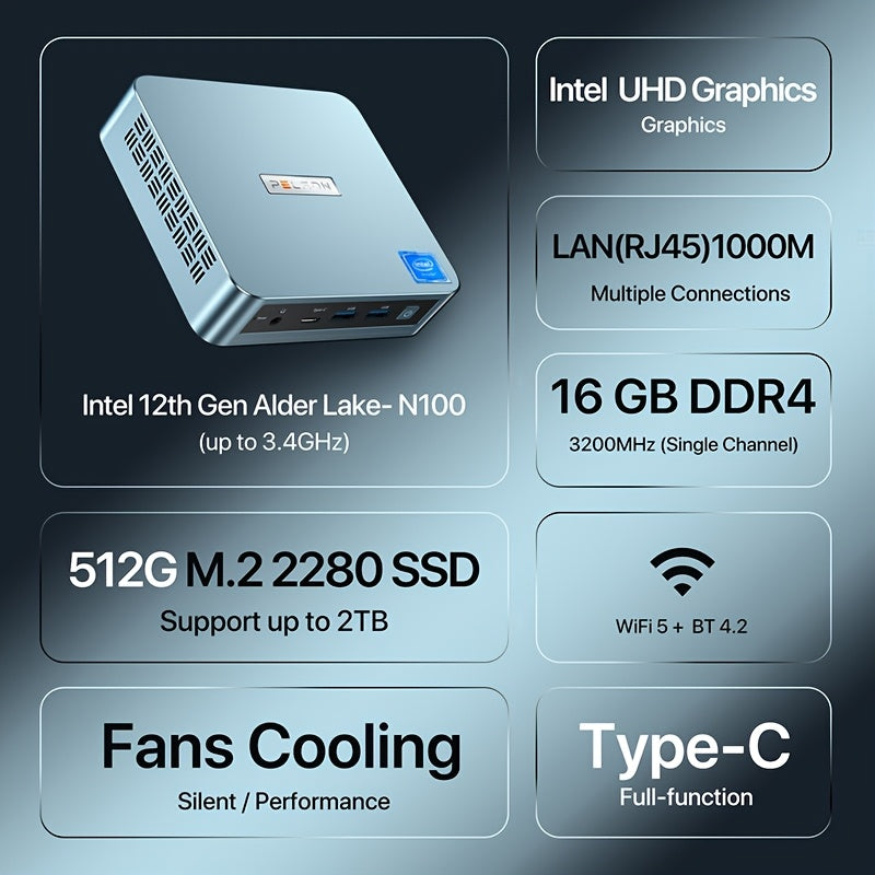 PELADN Mini PC, WI-6 Mini Computer with Intel N150/N100/N95 Processor (Up to 3.4GHz), 16GB DDR4 RAM, 512GB M.2 SSD, 4K@60Hz/WiFi5/BT4.2/Type-C/Dual Display, Desktop Workstation