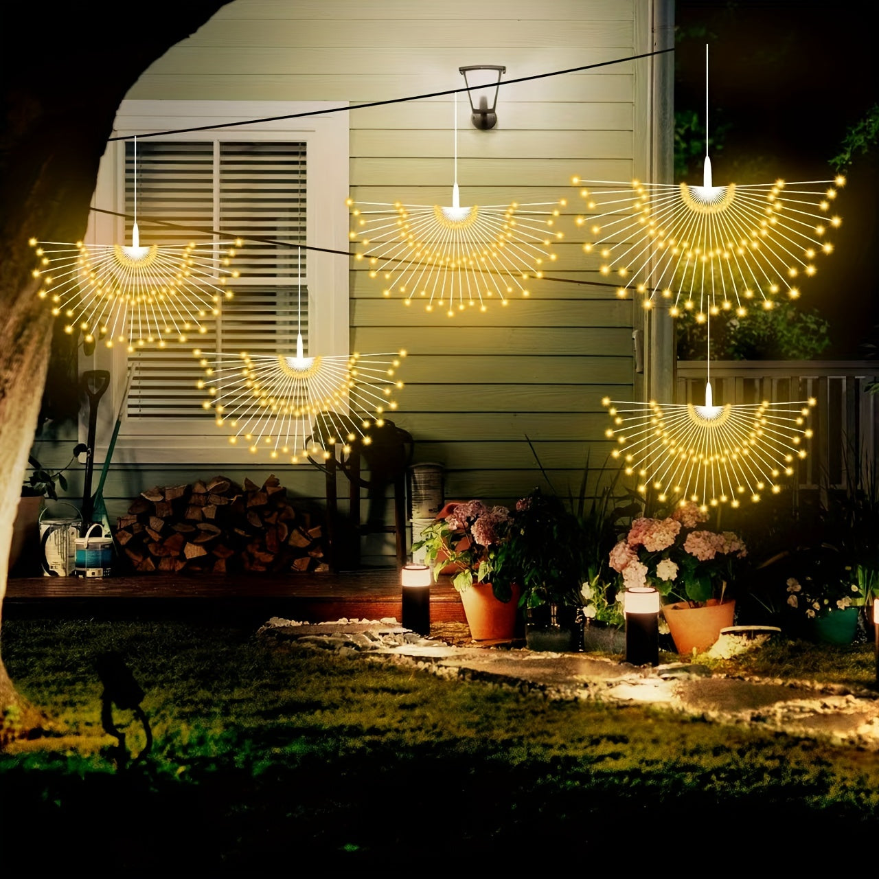 5 Pack 450LEDs Solar Starburst Sphere Lights, Firework Lights Remote Control Timer 8 Modes Dimmable IP65 Waterproof Hanging Fairy Light, Copper Wire Sparkly Lights For Patio Party Tent Christmas