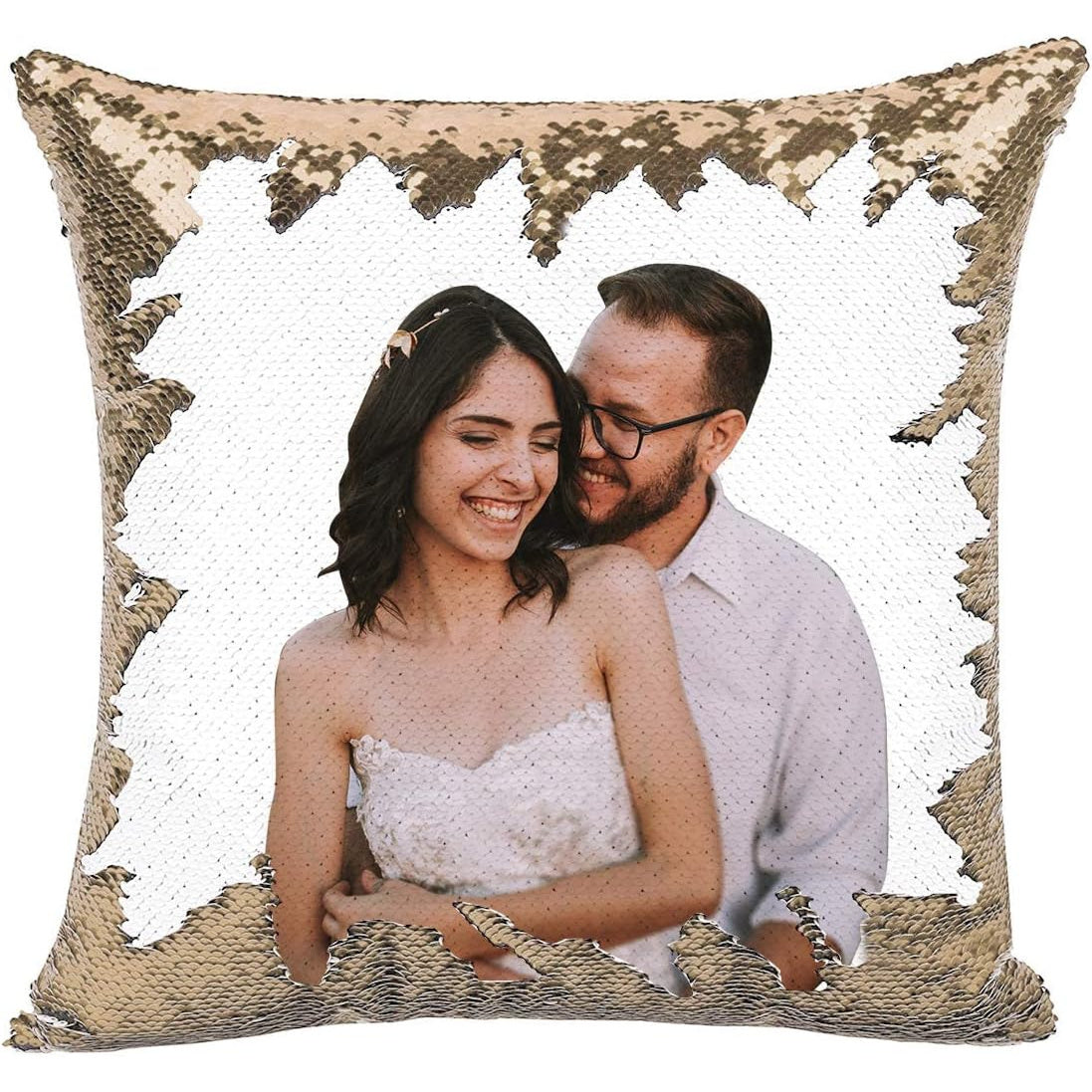 1pc Romantic Couple Photo Pillow Cover - Magical Reversible Home Decor Gift, 18.0inch x 18.0inch Anniversary Decoration Pillowcase, Peach Fleece Material with Simulated Sequin Design (No Sequins, Glitter Effect is Design)
